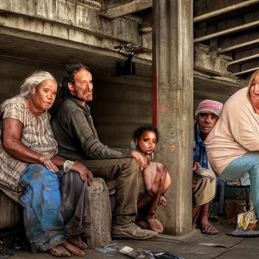 Image similar to poor people life under railway bridge, award winning, realistic, 4 k, hyper details, portrait by steve mccury and annie leibovitz and chindy sherman