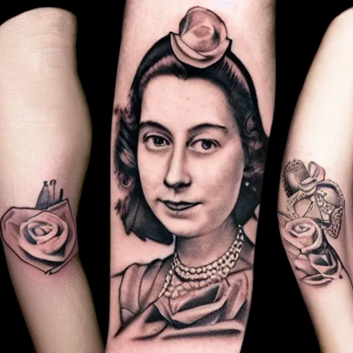 Image similar to of a young queen elizabeth with tattoos on her arms and a small rose tattoo on her face photo realistic