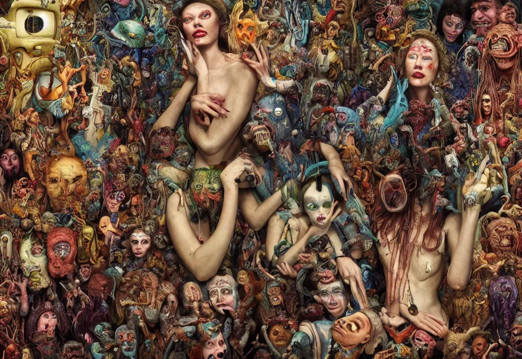 Image similar to 35mm color, humans enslaved by artificial intelligence, portrait, fashion shoot, freak show, weird, random, strange, hyper detailed, photorealistic, interesting, by David la chapelle and karol bak and david cronenberg and WETA digital, art by Ivan Bilibin, Dariusz Zawadzki , ID magazine, octane rendering, cinematic, hyperrealism, octane rendering, 8k, depth of field, bokeh.