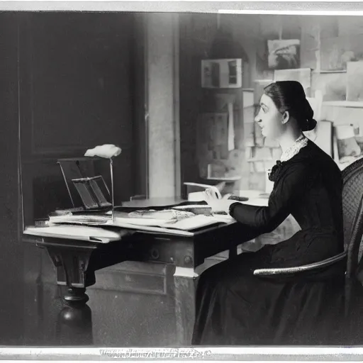 Prompt: a victorian woman working in a modern office