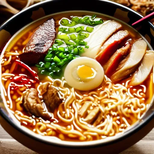 Image similar to a close up cookbook illustration of a bowl of ramen noodles