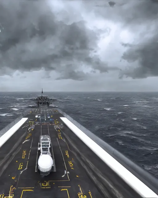 Image similar to view from an aircraft carrier of stormy seas, stormy weather, unreal engine, hyper realism, realistic shading, cinematic composition, realistic render, octane render, detailed textures, photorealistic, ultrawide shot, 16mm lens