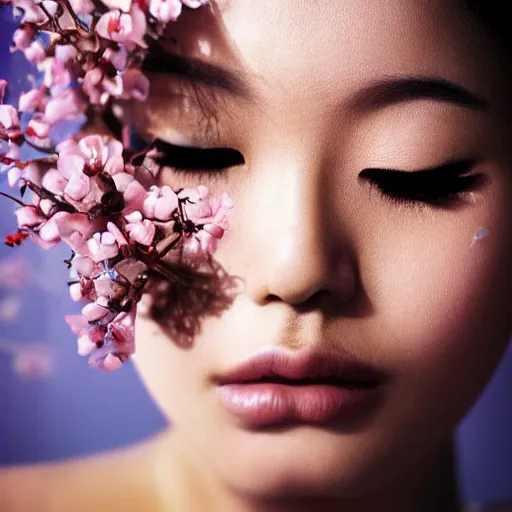 Image similar to photography of the asian queen sitting in the flower thorn, beautiful face, masterpiece costume, jewellery, high quality, elegant, emotionally touching, cool, deep gaze, mystery, tenderness kenneth willardt style