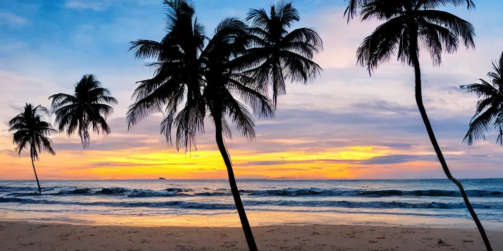 Image similar to highly detailed photograph of a palm covered office on a beach with waves crashing behind it at sunset