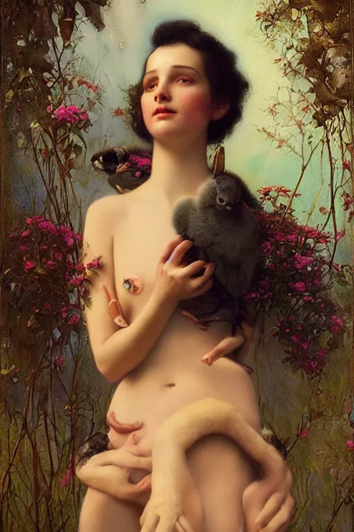 Prompt: young bill murray explaining the birds and the bees by Tom Bagshaw in the style of a modern Gaston Bussière, art nouveau, art deco, surrealism. Extremely lush detail. Melancholic scene. Perfect composition and lighting. Profoundly surreal. High-contrast lush surrealistic photorealism. mischievous expression on his face.