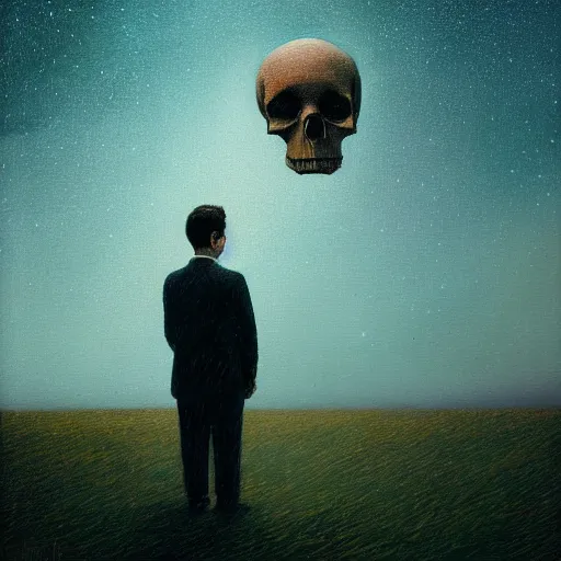 Image similar to a portrait of a man in a suit, his head is a skull, it is night and the sky is covered in stars, dramatic and cinematic lights, in the style of zdzislaw beksinski, in the style of edward hopper, 4 k,