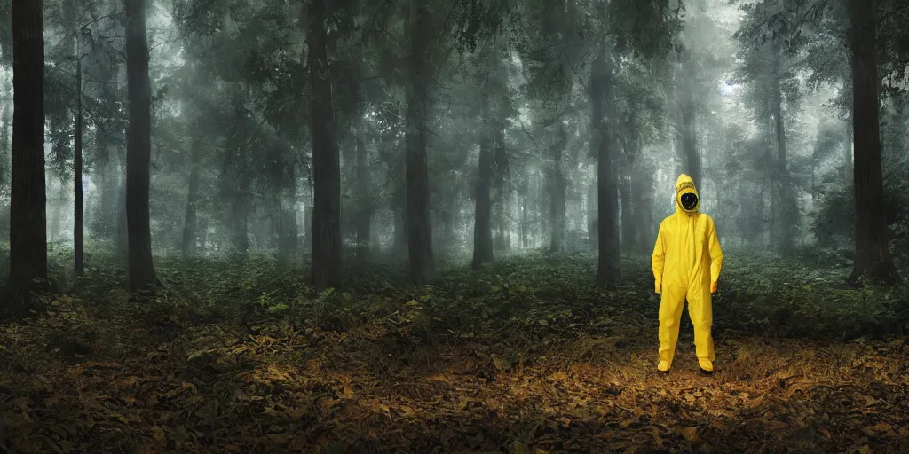 Prompt: a mysterious man in a yellow hazmat suit stands in a detailed fantastic forest, painting, concept - art, rendering, octane, redshift, cinematic composition, volumetric lighting