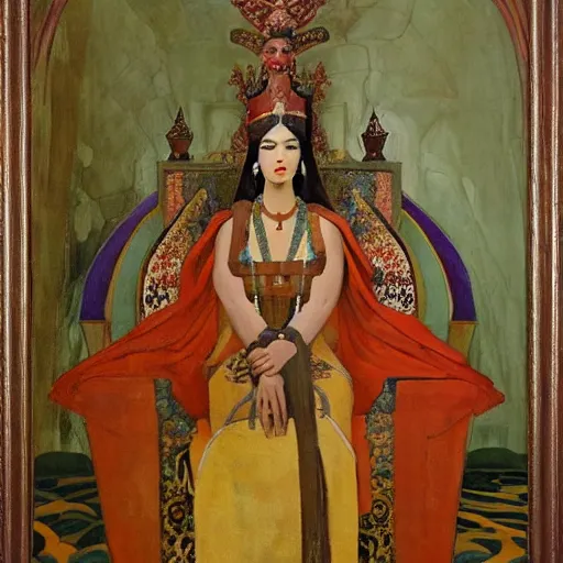 Image similar to an oil painting a queen standing in a throne room by nicholas roerich, by gustave moreau, by james hawe, by frank frazetta, by georgia o keeffe, oil painting