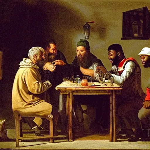 Image similar to 2 1 savage and 5 0 cent and drake huddled around a table with a lantern in a dark pub like in the denial of st. peter by gerard seghers