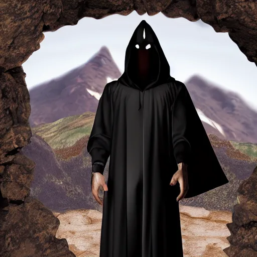 Image similar to a realistic full body of Konnor, a dragonblood, a black hood with black robes, extremely realistic and detailed, standing in front of a mountain