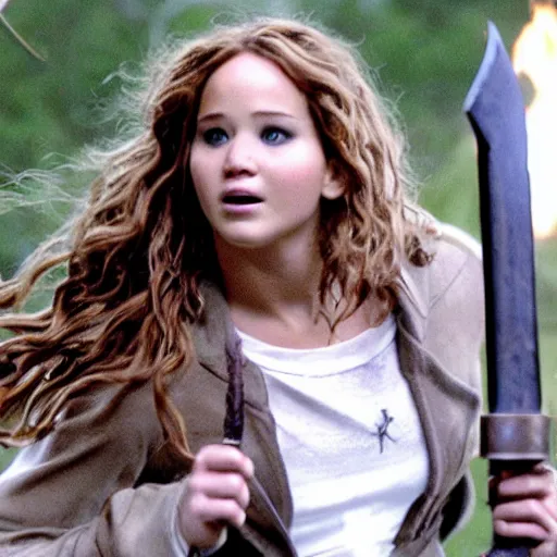 Prompt: jennifer lawrence as hermione granger with a wand in her hand before in combat