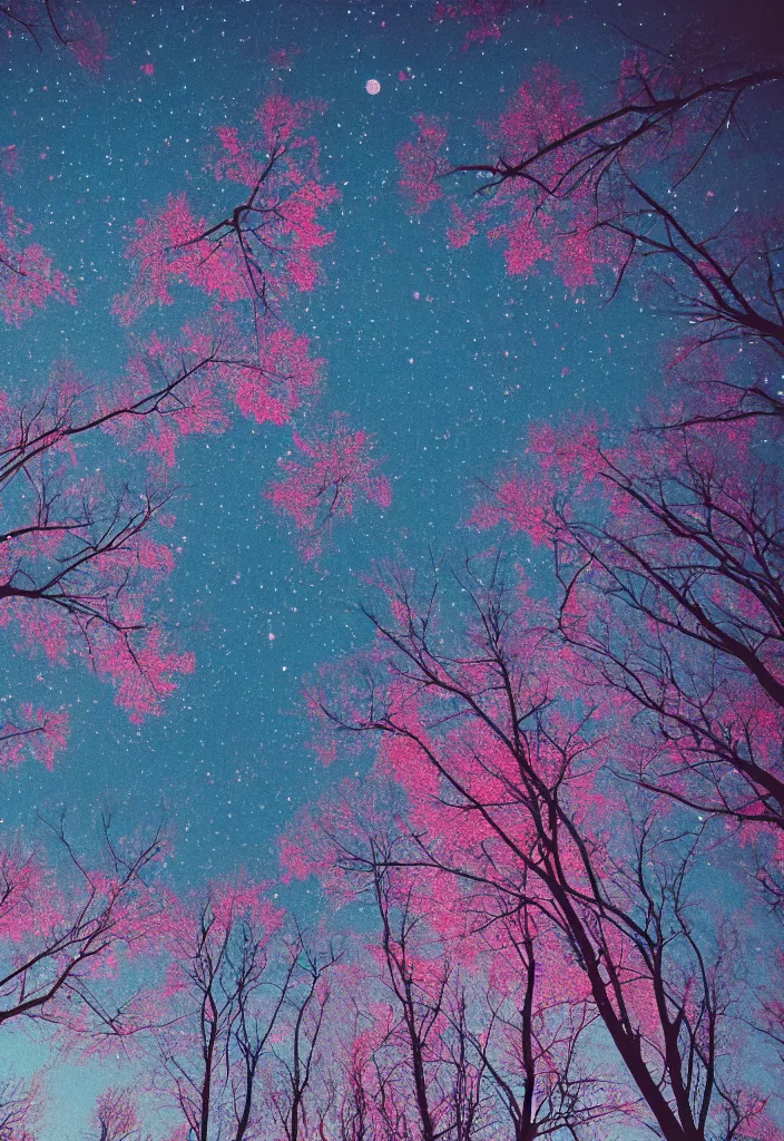 Prompt: looking up at birds and trees with pink leaves, black night sky, stars, portra 4 0 0, bokeh, out of focus, moon lighting