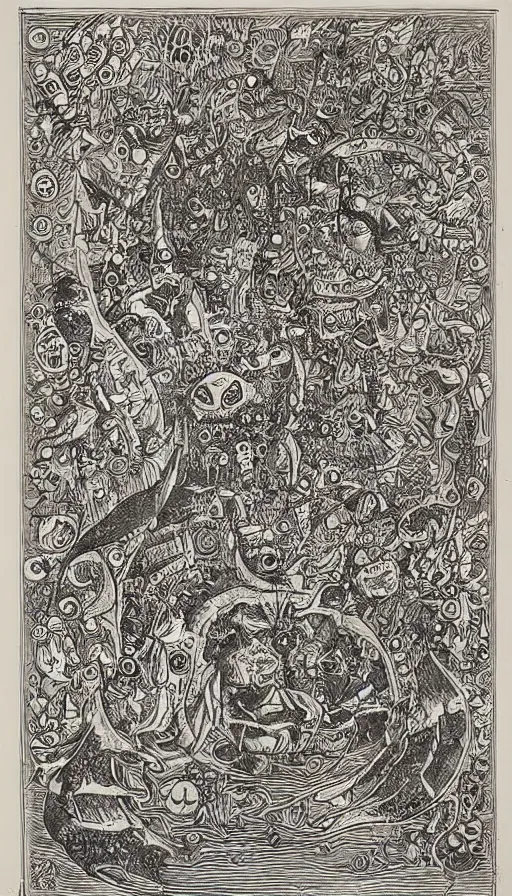 Image similar to The end of an organism, by Louis Wain engraved on a wooden board