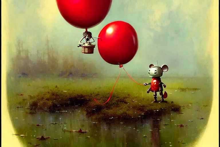 Image similar to adventurer ( ( ( ( ( 1 9 5 0 s retro future robot android mouse holding a red balloon. muted colors. spooky swamp mushrooms island, lillie pads ) ) ) ) ) by jean baptiste monge!!!!!!!!!!!!!!!!!!!!!!!!! chrome red