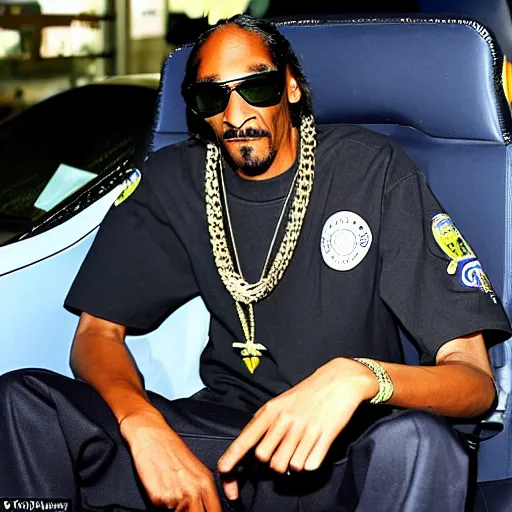 Prompt: Snoop Dogg with a smile on his face, sitting in a police car, there is marijuana everywhere in the car, and a lot of smoke