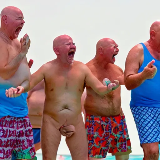 Prompt: A group of old bald men screaming with noodles on their head while wearing swimming trunks