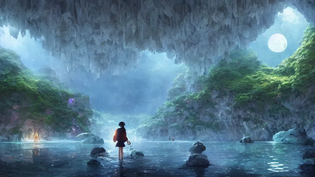 Image similar to inside a magical cave full of intricate dreamy crystal, there was a lake, filled by the light of a beautiful silver moon, dynamic lighting, cinematic lighting, lit by moonlight, by makoto makoto, krenz cushart and ilya kuvshinov and artgerm, unreal engine, featured on artstation, ultrawide angle