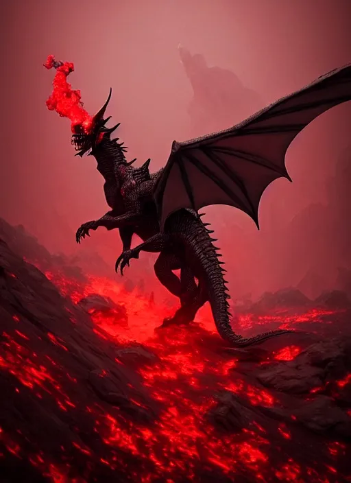 Image similar to black dragon with red demonic eyes on the red smoke background, chthonic, photorealistic, ultra detailed, trending on artstation, concept art, octane render, unreal engine, by shinji aramaki, by christopher balaskas, by krenz cushart