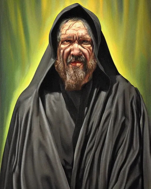 Image similar to oil painting portrait of a man in dark robes, hooded, made by greg rukowtski, fantasy, moodly