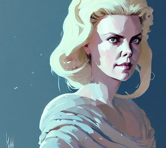 Image similar to portrait of portrait, charlize theron as a queen, fantasy, game of thrones, by atey ghailan, by greg rutkowski, by greg tocchini, by james gilleard, by joe fenton, by kaethe butcher, by ashley wood, dynamic lighting, gradient light blue, brown, blonde cream and white color scheme, grunge aesthetic