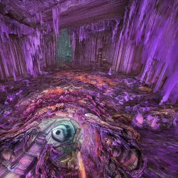 Image similar to detailed shot of inside a cavernous living stomach of a giant goddess, the walls purple and pulsing, lots of acid pooling up on the floor, digesting and dissolving a city that sat in the acid, food pov, micro pov, vore, digital art, furry art, high quality, 8k 3D realistic, macro art, micro art, Furaffinity, Deviantart, Eka's Portal, G6