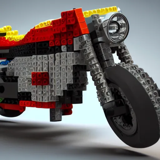 Prompt: motorcycle made entirely out of legos, global illumination, photorealistic