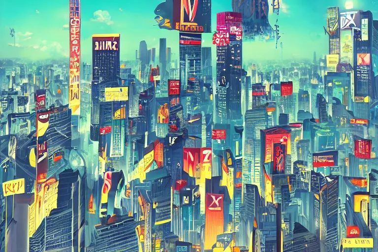 Prompt: an epic comic book style painting of the uppercase letter x towering over the world, the letter x, giant font, massive lettering, future tokyo cityscape with ribbons, banners and cursive ribbons, trending on artstation, dynamic lighting