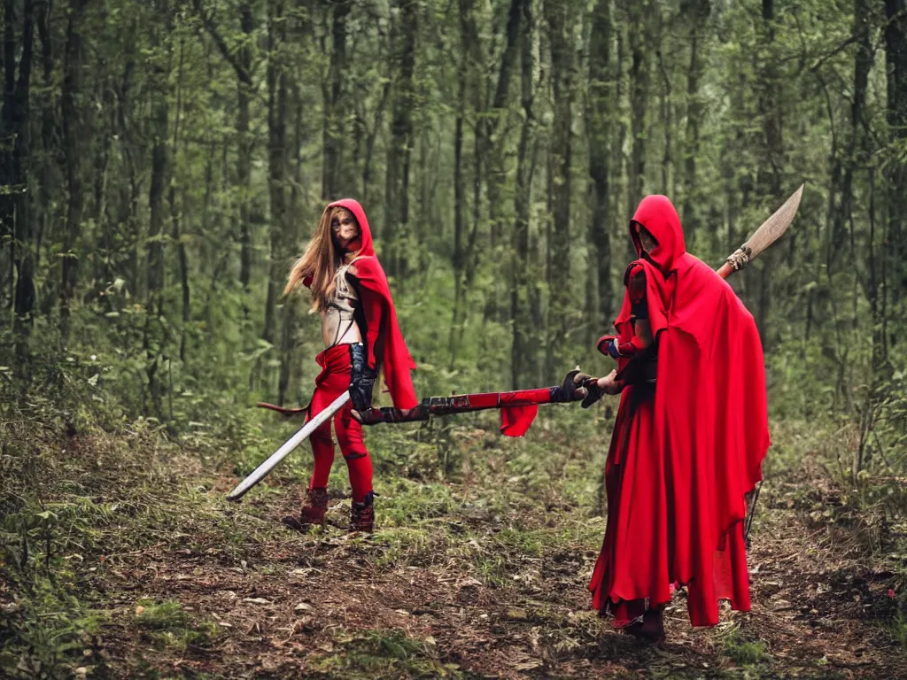 Prompt: a girl in a red hood with a twohanded axe in mysty woods