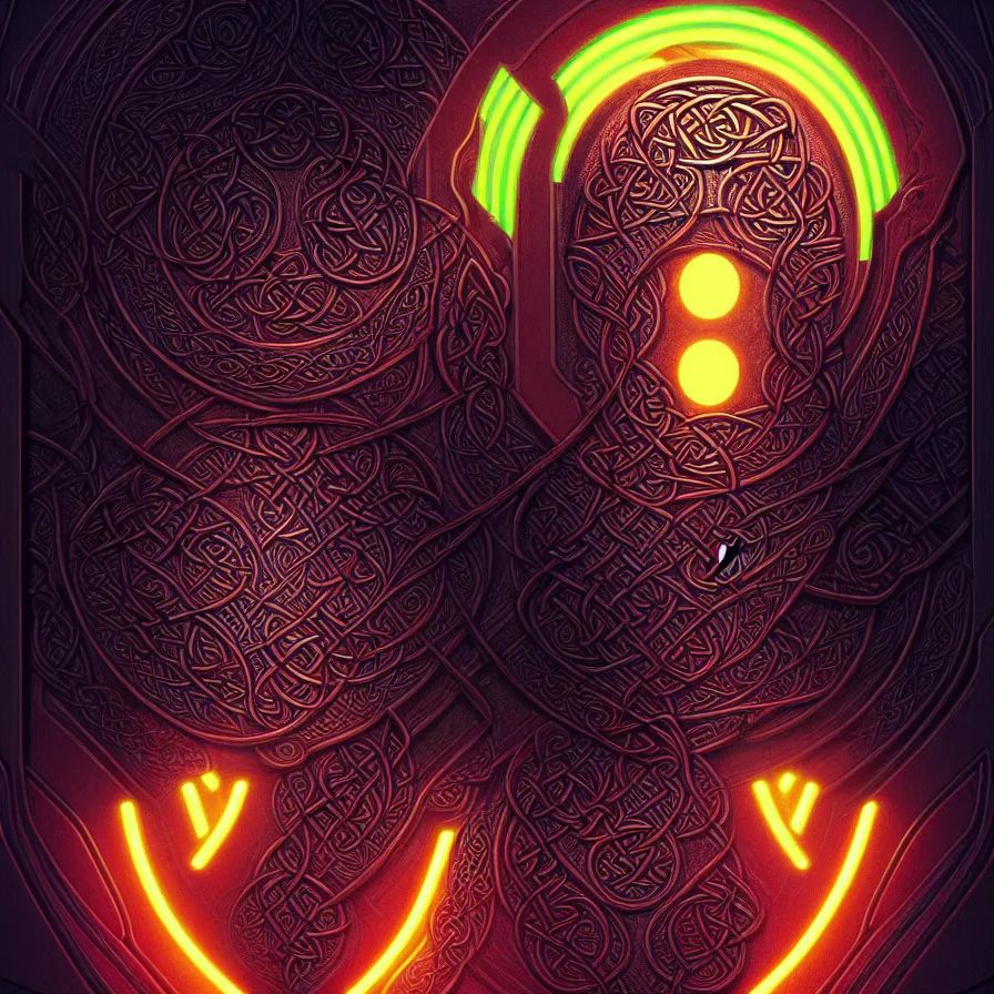 Image similar to texture with celtic neon retrowave decorative pattern, artstation, illustration, highly detailed, art by artgerm and greg rutkowski, symmetrical, dark art, old vhs tape