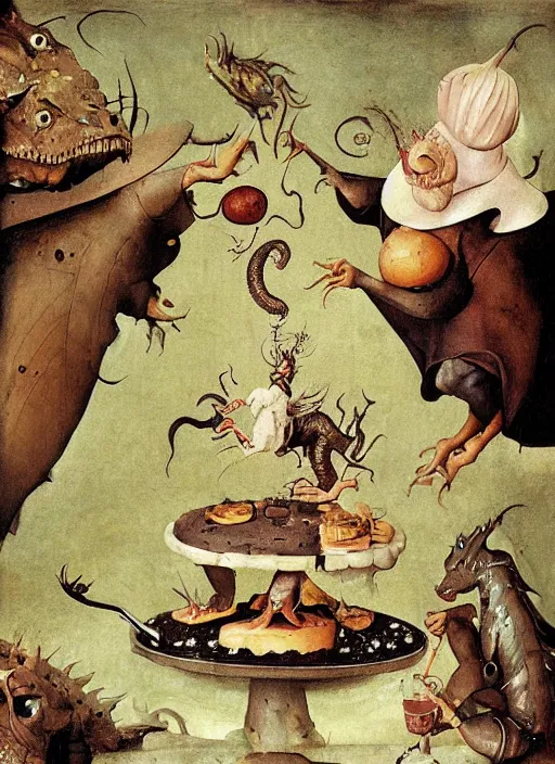 Image similar to dragon eating cakes by hieronymus bosch, detailed digital art, trending on Artstation