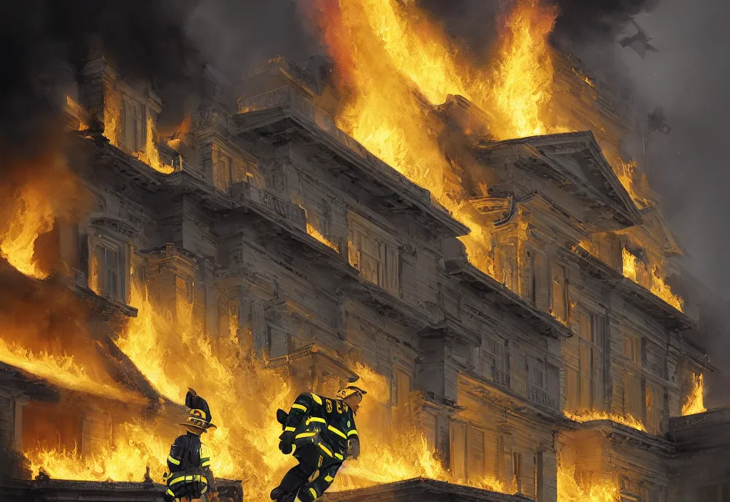 Prompt: an heroic firefighter in action in black and yellow uniform, front of the us presidential's white house, fire flames, sharp details, sharp focus, photorealistic, octane, hyper detailed, trending on deviantart, illustration, by jordan grimmer and greg rutkowski and pine ( ハイネ ), intricate