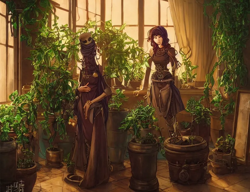 Prompt: middle eastern scifi alchemist in a well lit study with potted plants, wearing a lovely dress with steampunk details. this oil painting by the award - winning mangaka has an interesting color scheme and impeccable lighting.