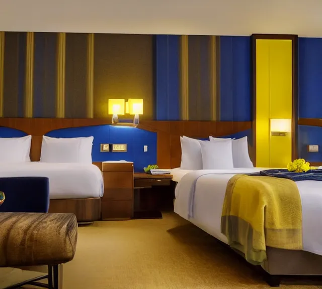 Image similar to a 4 k photorealistic photo hotel room picture of a luxury blue and yellow hotel room suite