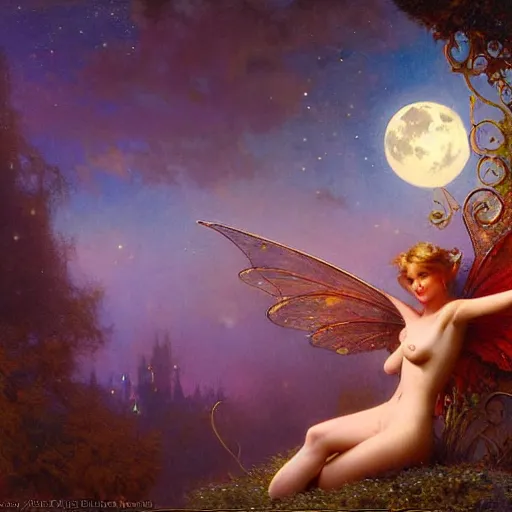 Image similar to attractive fairy magically floating high in the night, fantasy, full moon in background. highly detailed painting by gaston bussiere, craig mullins, j. c. leyendecker, sharp focus, 8 k