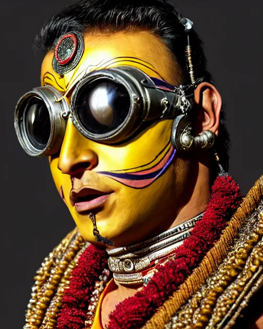 Image similar to photo of a Dramatic Kathakali male character with painted face wearing futuristic MadMax style steampunk goggles and accessories in the style of stefan kostic, full body, realistic, sharp focus, symmetric, 8k high definition, insanely detailed, intricate, elegant, art by stanley lau and artgerm, Hajime Sorayama, William-Adolphe Bouguereau