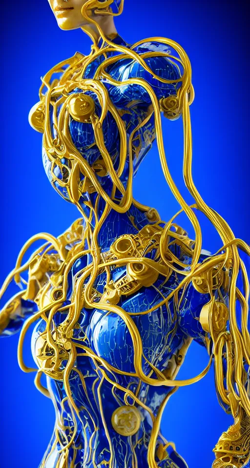 Image similar to portrait of a graceful cyborg, made of porcelain of delft, blue of delft with kintsugi, golden mechanical details, fluid cables, blue led details, octane, 8 k resolution, detailed, realistic