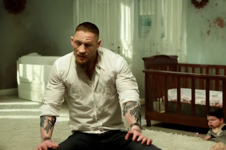 Image similar to film still of Tom Hardy as Max Payne in a dark dream next to a baby crib in the Max Payne movie, 4k