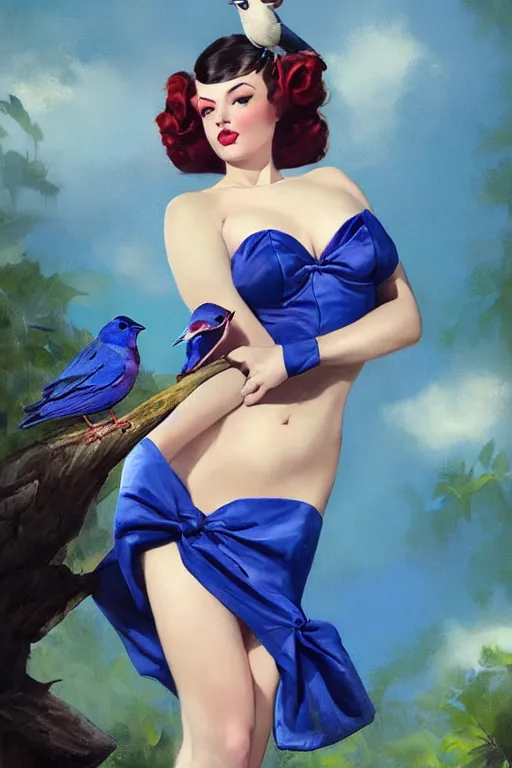 Image similar to hyper realistic painting, tasteful pinup girl holding an indigo bunting, bird, the bird is wearing a bowtie, by greg rutkowski, rossdraws, gil elvgren, enoch bolles, anime, porcelain glistening skin, very coherent