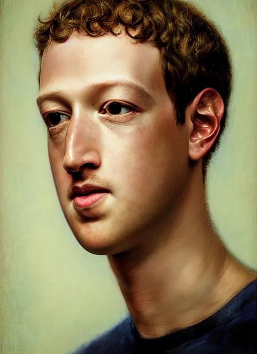 Prompt: A beautiful portrait of a Mark Zuckerberg, frontal, digital art by Eugene de Blaas and Ross Tran, vibrant color scheme, highly detailed, in the style of romanticism