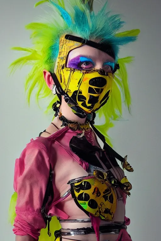 Prompt: a character wearing a diy! costume, punk, with fluo colored details and a transparent a mask, muted colors, vivienne westwood, nausicaa, hyper real painting