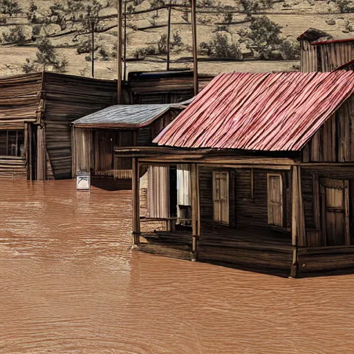 Prompt: flood Abandoned Wild West town at high noon, hyperrealistic