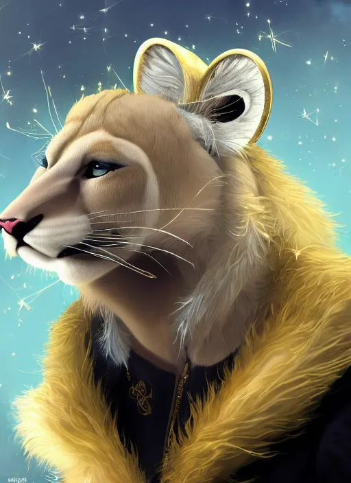 Image similar to award winning beautiful portrait commission of a male furry anthro albino mountain lion with a beautiful hyperdetailed attractive outfit and face wearing a gold and black rockstar outfit singing into a microphone on a stage. Character design by charlie bowater, ross tran, and makoto shinkai, detailed, inked, western comic book art