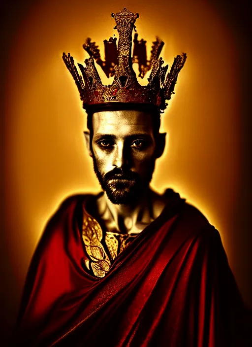Prompt: 'Portrait of Crowned King Arthur' by Lee Jeffries royally decorated, whirling plasma, atmospheric motes, red and gold Sumptuous garb, gilt silk fabric, radiant colors, fantasy, perfect lighting, studio lit, micro details,
