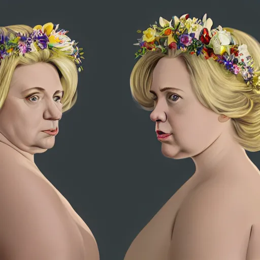 Image similar to side portrait of morbidly obese Hillary Clinton, blond hair, flower crown, white dress, headshot, hyper realistic, pale skin, 4k, rule of thirds, beautiful eyes, extreme detail, detailed drawing, trending artstation, hd, fantasy, D&D, realistic lighting, by Alphonse Mucha, Greg Rutkowski, sharp focus, backlit, elegant