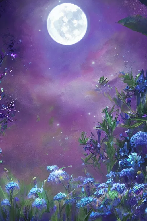 Prompt: beautiful digital matter cinematic painting of whimsical botanical illustration blue flowers moon and mist enchanted dark background, whimsical scene by greg rutkowki artstation