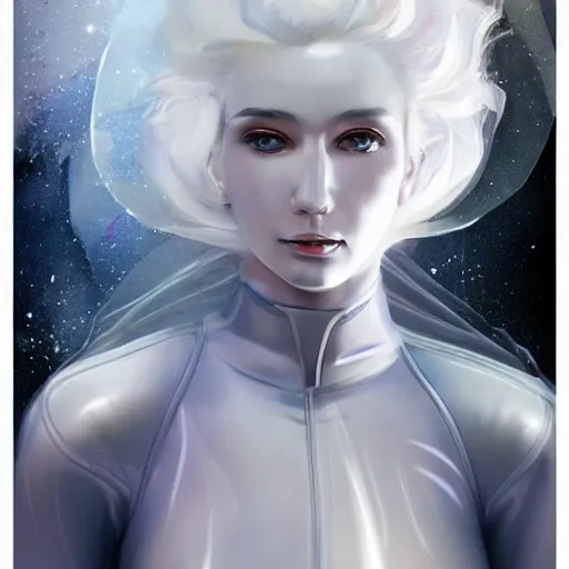 Prompt: beautiful white haired woman dressed in see through space suit in the style of zezhou chen artstation highly detailed, smooth, sharp focus