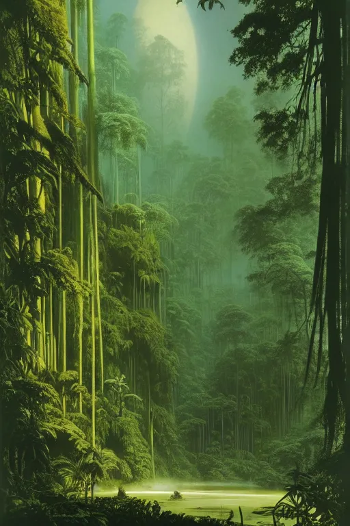 Image similar to emissary green endor jungle ( designated : ix 3 2 4 4 - a ) by arthur haas and bruce pennington and john schoenherr, cinematic matte painting, 8 k, dark color palate