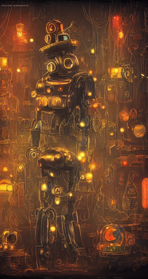 Image similar to a beautiful tapestry of a dream, a robot standing, ultra detailed, dark, steampunk, moody, candles, neon signs, infographic, characters from machinarium, by don bluth, trending on artstation, octane render