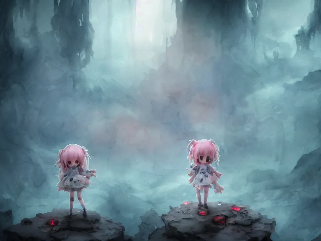 Prompt: dreamlike nightmare watercolor painting cute fumo plush girl in tattered ghostly robes with burning red eyes in the flooded watchtower of a fallen civilization in a deep rocky cavern, washed out melting, long glowing wisps of trailing volumetric smoke, runic markings, ssao, deep focal depth f / 2. 8 captured on canon eos r 6, vray