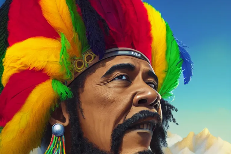 Image similar to rasta obama, on great wall of china, close up, wearing crown of bright feathers, long white moustache, artstation, fantasy, intricate, beautiful, cinematic, octane render, arnold render, 8k, hyperrealism, detailed, sharp focus, 4k uhd, masterpiece, award winning, painting by Ivan Aivazovsky and Greg Rutkowski